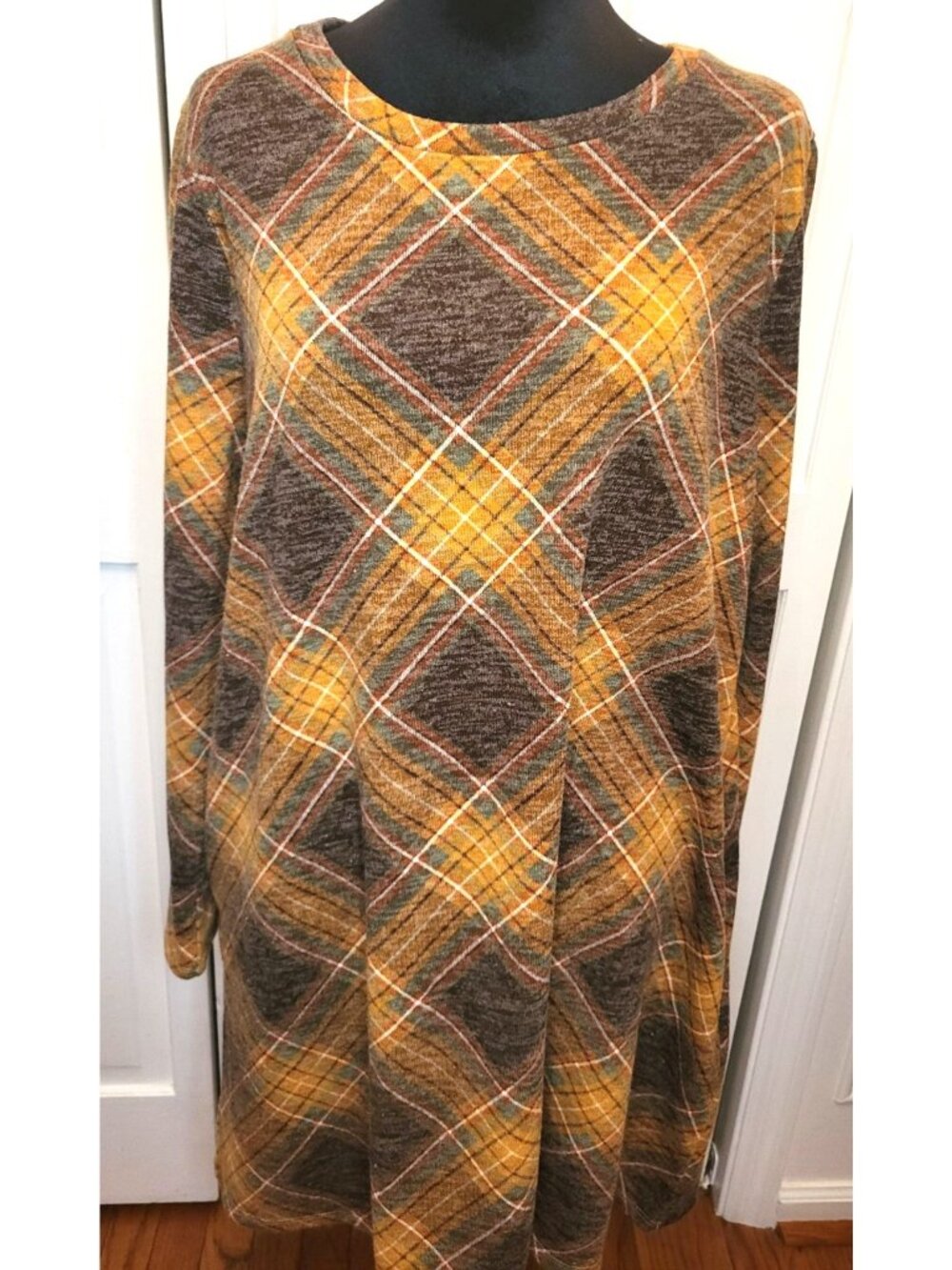 Versona Orange Brown Plaid Knit Tunic Swing Dress L Pockets Fall Preppy Modest